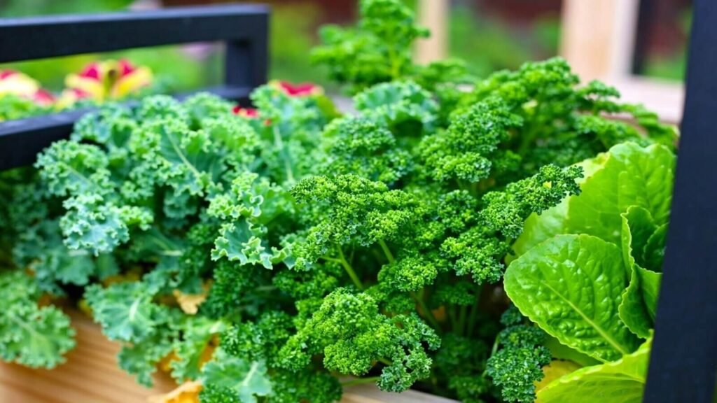Fully grown spinach and kale leafy vegetables close-up.