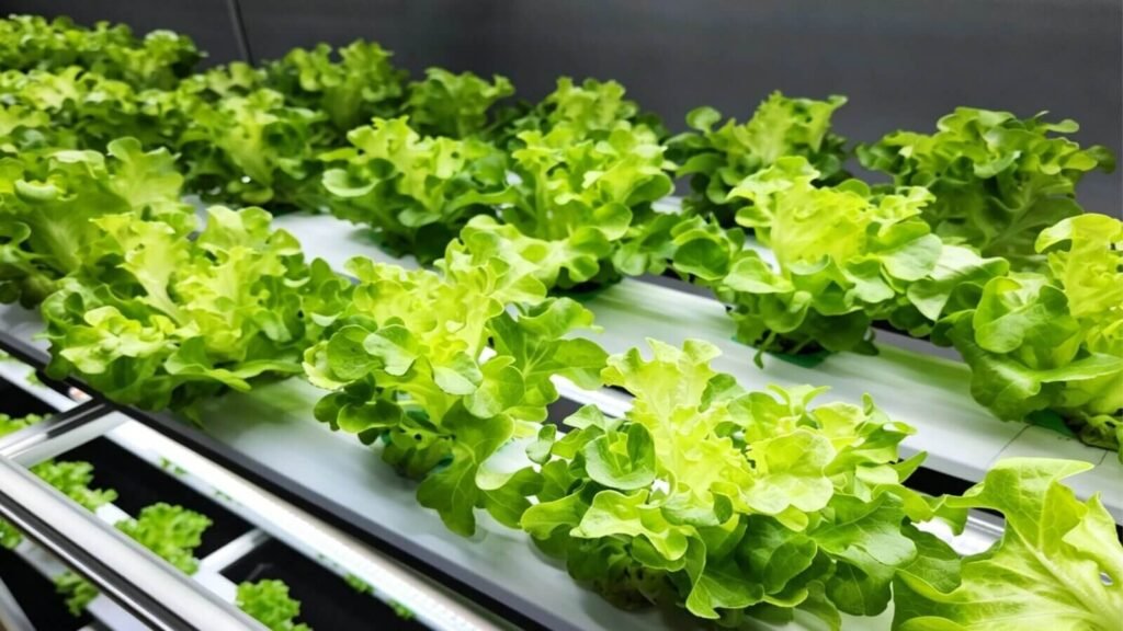 Hydroponic leafy greens growing in a nutrient-rich water-based cultivation system.