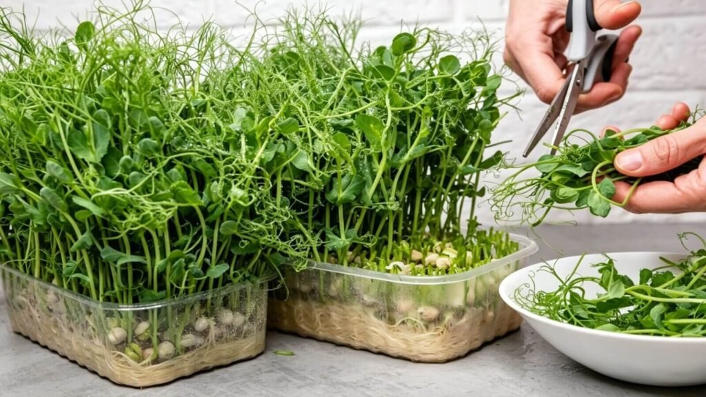hydroponic pea shoots indoor farming microgreens tray fresh greens.