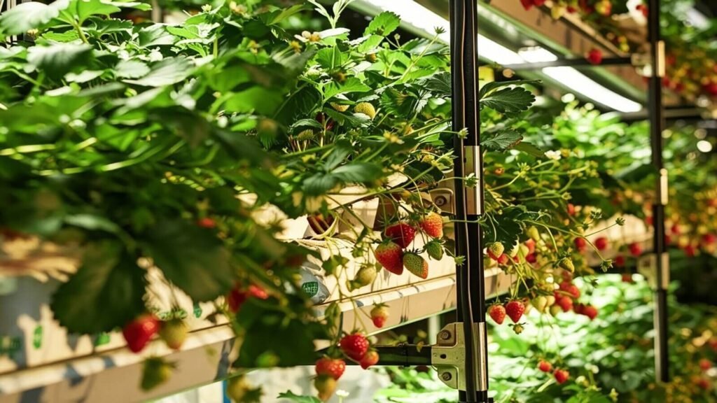 Monterey strawberry plants growing in a hydroponic greenhouse system.