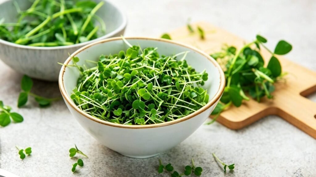pea shoots salad nutrient rich superfood fresh greens bowl.