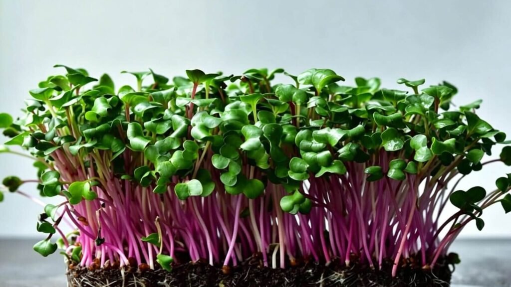 Red cabbage microgreens anthocyanins antioxidant macro close-up.