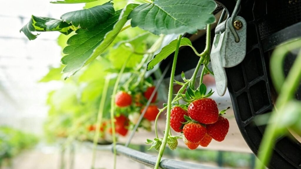 close-up of San Andreas strawberries grown in hydroponic system.