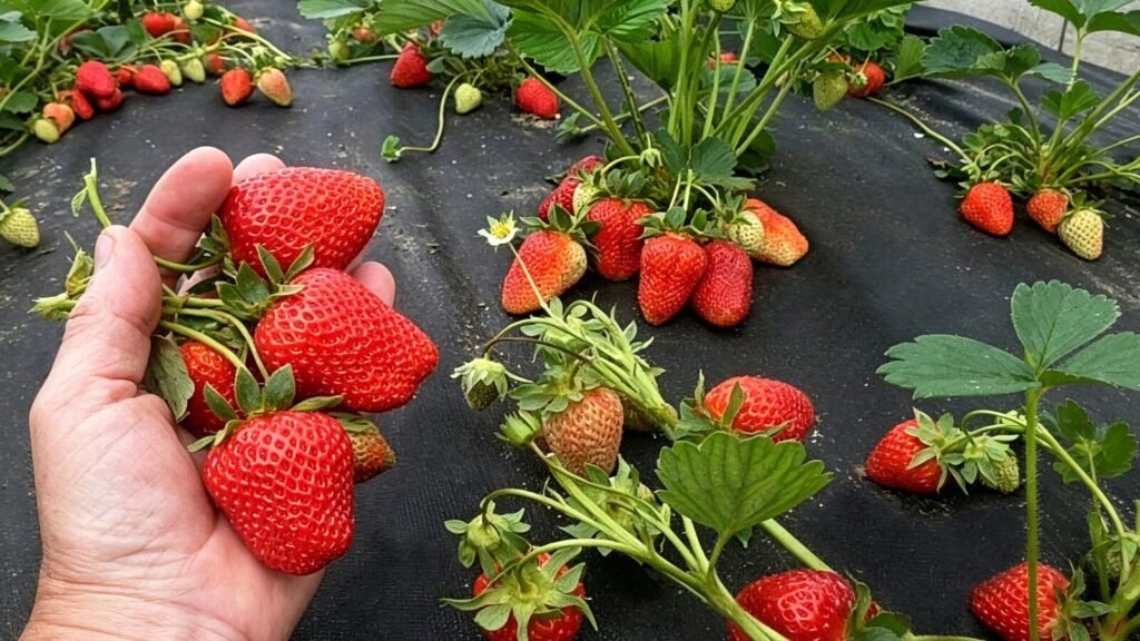 Monterey strawberry plants in large-scale hydroponic greenhouse cultivation.