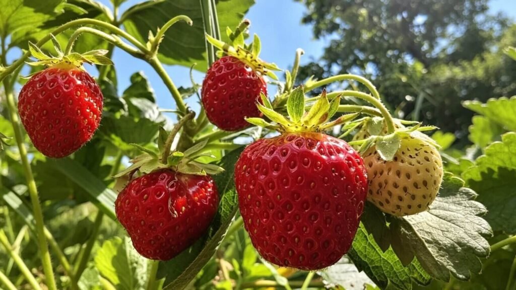 close-up of ripe Seascape strawberries with rich color and glossy surface.