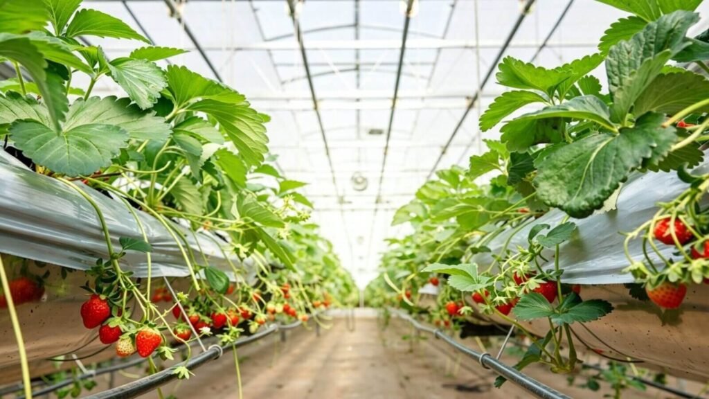 Seascape strawberry plants growing in greenhouse hydroponic cultivation system.