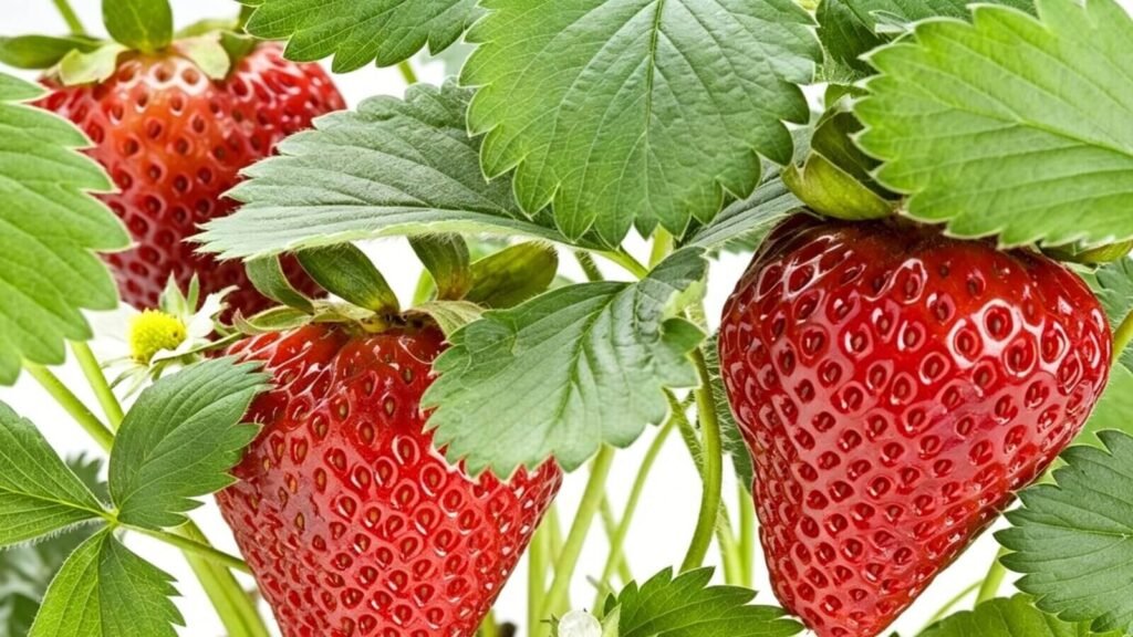 ripe Seascape strawberries close-up showing glossy red fruit texture.